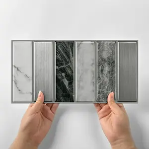 12pcs/24pcs/48pcs Grey Marble & Brushed Metal Mix Self-Adhesive Wall Tiles - Self-Adhesive Vertical Subway Tile Backsplash, Waterproof Removable Wall Stickers, Suitable for Kitchen, Bathroom, RV, and Home Decor