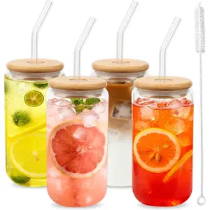 Borosilicate Glass Cups with Lids and Straws, 16 oz Reusable Tumbler Set (4-Pack) Includes Bamboo Lids, Glass Straws & Brush for Iced Coffee, Bubble Tea, Cold Beer, Juice