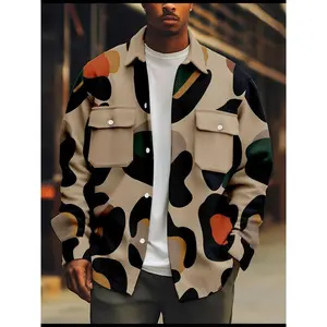 Men'S Plus Size Camo Print Bomber Jacket - Beige, Black, Green & Orange, Casual & Outdoor Style, Double Chest Pockets, Polyester Lining, Regular Fit, Button-Up Closure, Casual Outerwear |   Casual Style |   Polyester Jacket