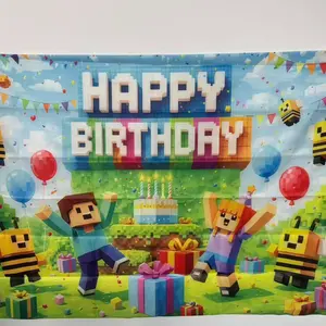 2D 1pc Block Style Birthday Banner, Pixelated World Backdrop with "Happy Birthday" Text, Video Game Party Supplies for Boys, Photo Booth Background, Birthday Decoration