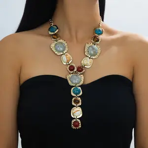 Multicolor Stone Hammered Gold-Tone Statement Y-Necklace, Bold Geometric Pendant