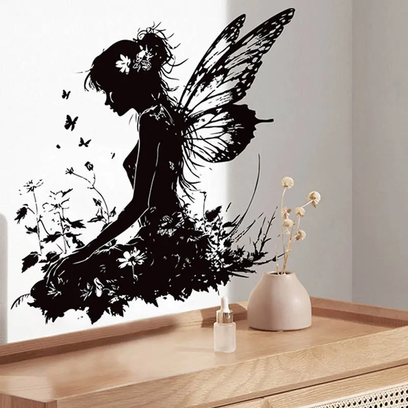 Butterfly Fairy Silhouette Wall Sticker, Butterfly Wall Decals, Decorative Decal, Self-Adhesive PVC Removable Art for Bedroom Living Room Kitchen Dining Room Bathroom Decor