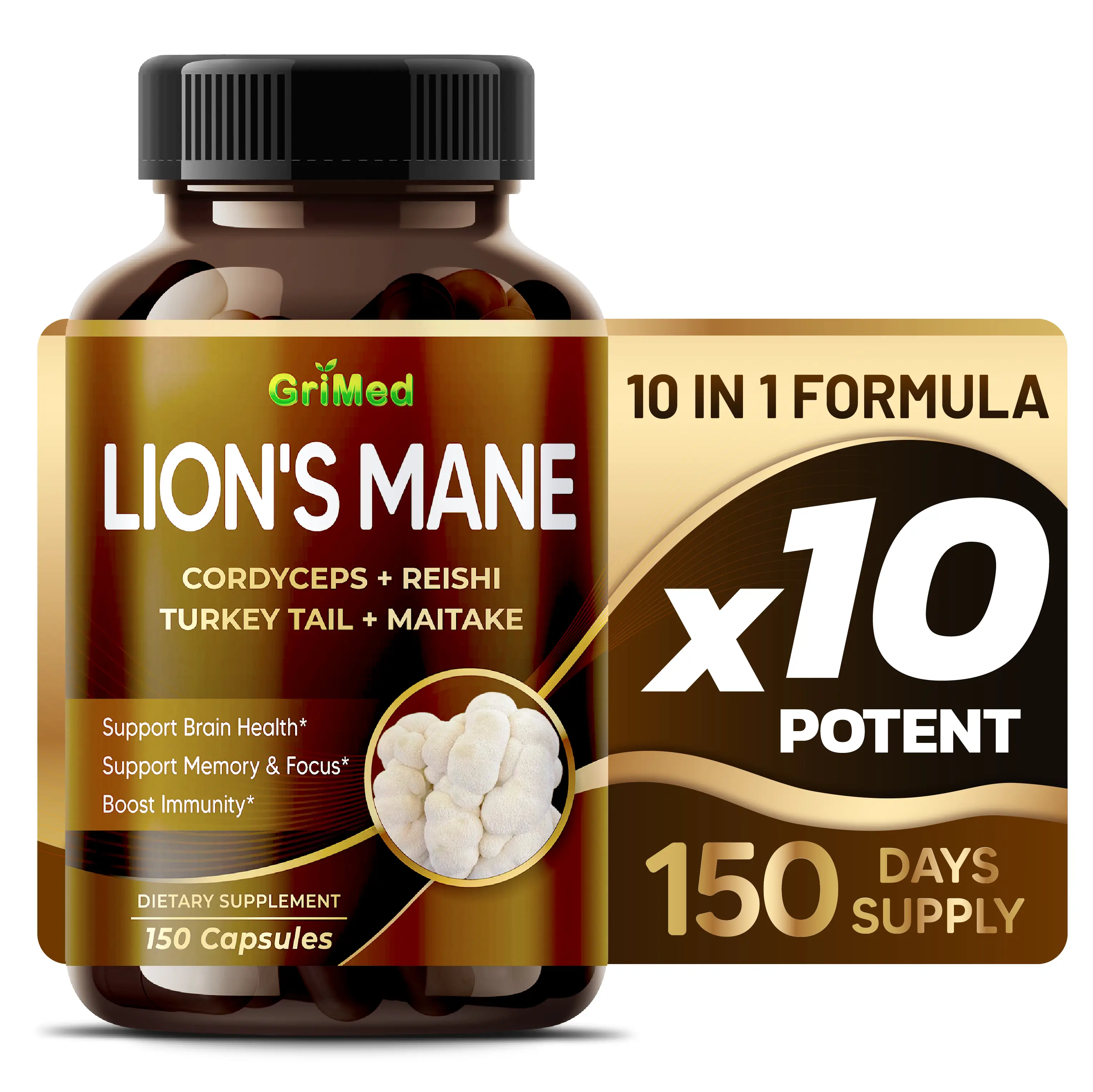 Lion's Mane Mushroom Supplement with Beta-(1,3)(1,6)-glucans, Cordyceps, Reishi Mushroom- Organic Brain Wellness Supplement for Clarity, Focus & Energ