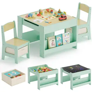 Arlopu Kids Table and Chairs Set, 4 in 1 Toddler Art Desk with Storage Drawer, Wooden Activity Deskboard, Blackboard, Reversible & Detachable Tabletop, Bookshelf for Drawing, Reading summerwins