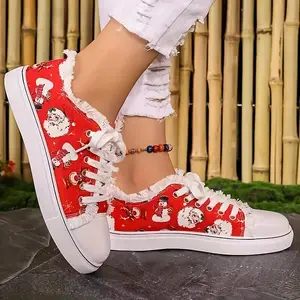 Women's Christmas Santa Print Shoes, Laced Low Top Round Head Flat Bottom, Comfortable Christmas Shoes