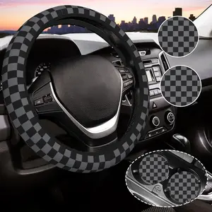 Dark Gray Checkered Steering Wheel Cover Universal 14-15 Inch Car Interior Accessories with 2PCS Car Coasters Suitable for Men and Women