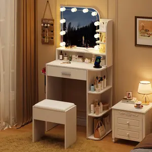 Linor Small Makeup Vanity Desk with Mirror and Lights, 26.4 Small Vanity for Small Space with Stool and Charging Station, Compact Vanity with 3 Color Lighting Modes (White)