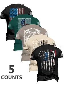 Men's Fashion Round Neck Casual Streetwear Menswear Short Sleeve T-Shirt, Summer Comfortable Flag Print Outdoor Tee Set of 5, Perfect Gift for Boyfriend, Classic