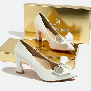 Xovipam Women's Block Heel Pumps Pointed Toe Hight Heel Rhinestone Bow Elegant Classy Office OL