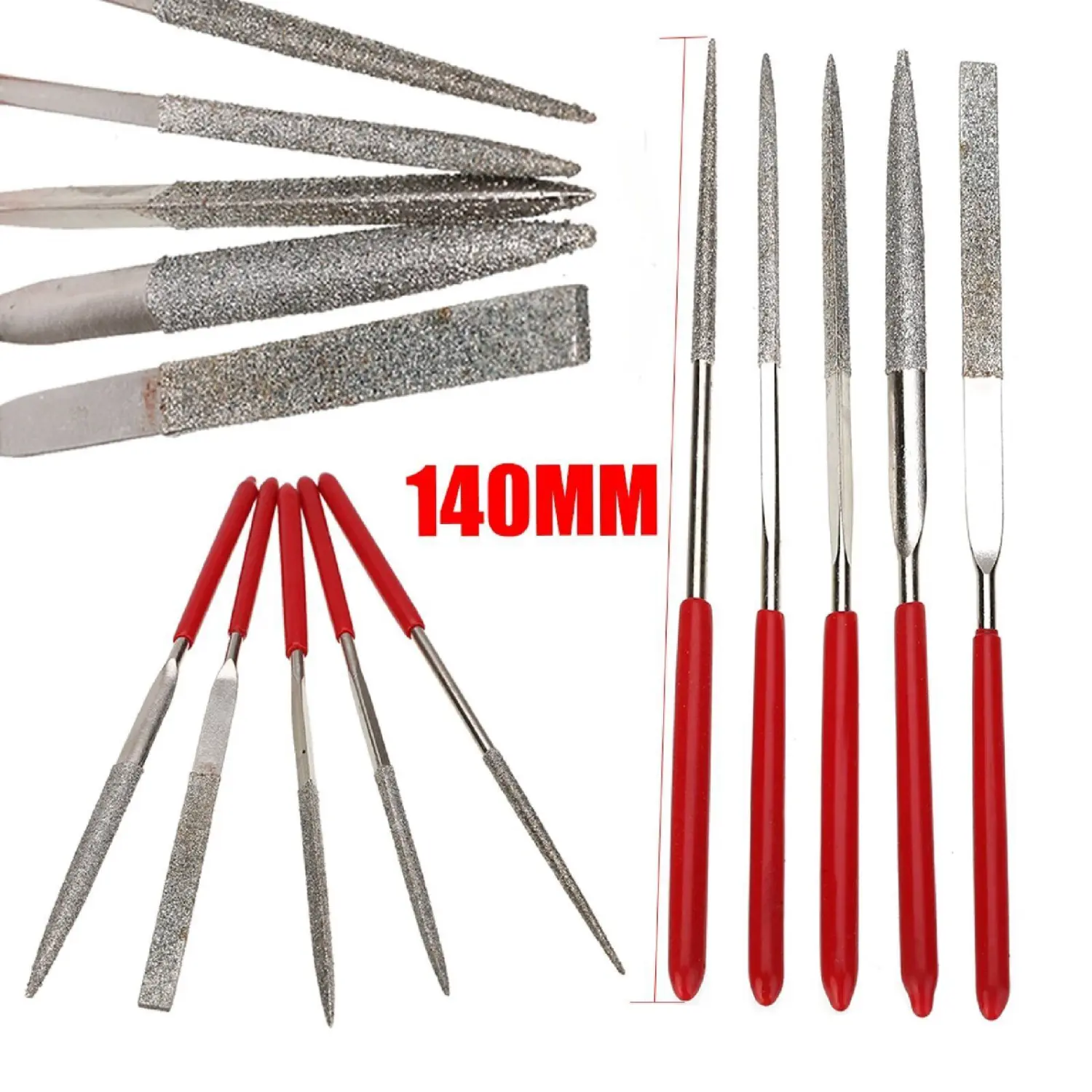 GTE 5pc 140mm Diamond Needle File Set - Fine Cut Heavy Duty Hardened Steel Hand Tools, Economical Files with Plastic Dip & PVC Pouch for Jewelry Refining, Reshaping