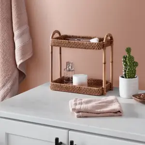 Natural Woven Tiered Vanity Tray, Rattan Bathroom Organizer for Countertop Storage Display