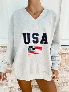 Afternoon Grey USA Flag Embroider V-Neck Sweatshirt
