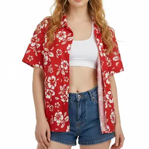Women's Hawaiian Shirt Vintage Floral Hibiscus Print Button Down Short Sleeve Summer Beach Vacation Oversized Casual Top Y2K