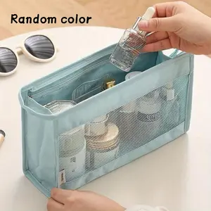 Large Capacity Women's Waterproof Nylon Makeup Bag, Portable Odorless Travel Cosmetic Organizer, Mesh Pouch, Light Blue, Ideal for Lipstick and Phone