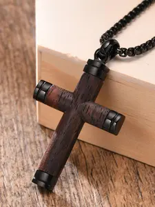 Men's Wooden Cross Pendant Necklace, Stainless Steel Jewelry for Party, Men Jewelry, Daily Clothing Decor, Trendy All-match & Exquisite Jewelry for Birthday Gift