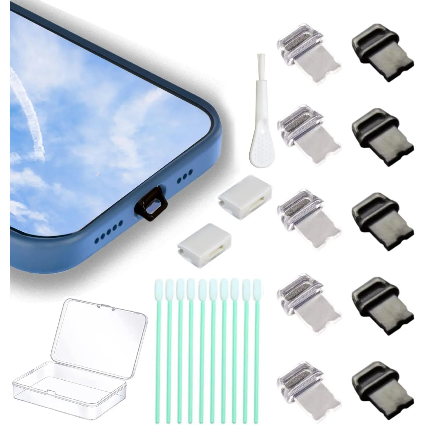 10 Packs of Easy to Grip Phone Dust Plugs, Lightning Charging Port Protective Cover, with Plug Bracket, Storage Box, Compatible with iPhone 14 13 12 11 X XS XR 8 7 SE