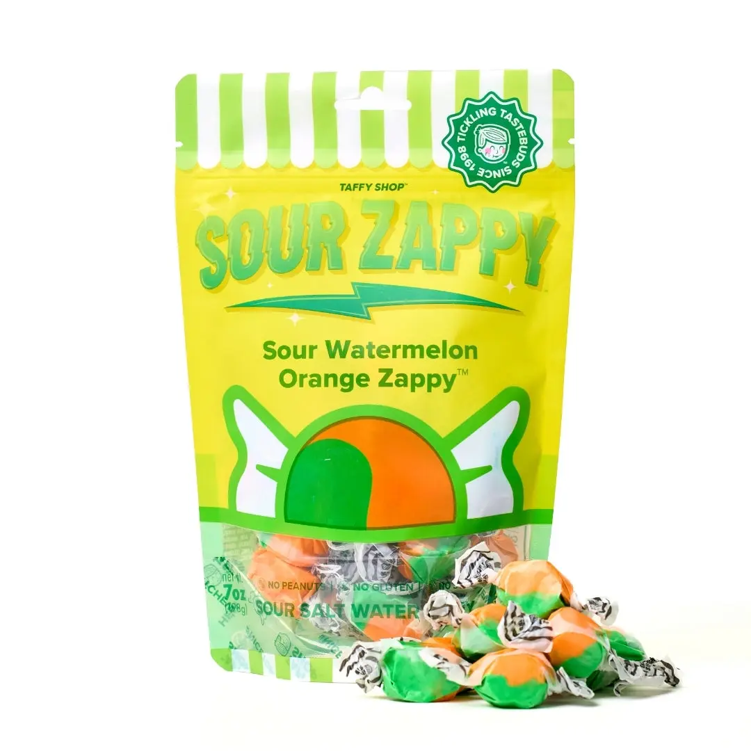 Taffy Shop, SOUR Watermelon Orange Zappy Salt Water Taffy - Gourmet Soft, Sweet & Tangy Candy