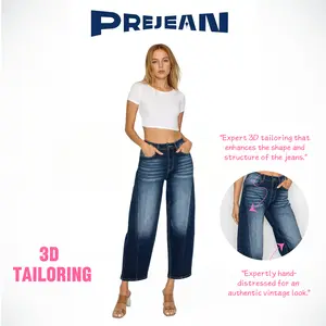 PREJEAN Women's Curved Blade Jeans - High Waist 3D Tailored Wide Leg Pants Stretchy Dark Wash Denim | 90s Retro Baggy Style | All-Season Comfort Trousers