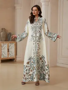 Cross-Border Muslim Stand Collar Women's Long Robe, Printed Rhinestone Beaded New Dress Abayas, Elegant and Stylish Islamic Fashion