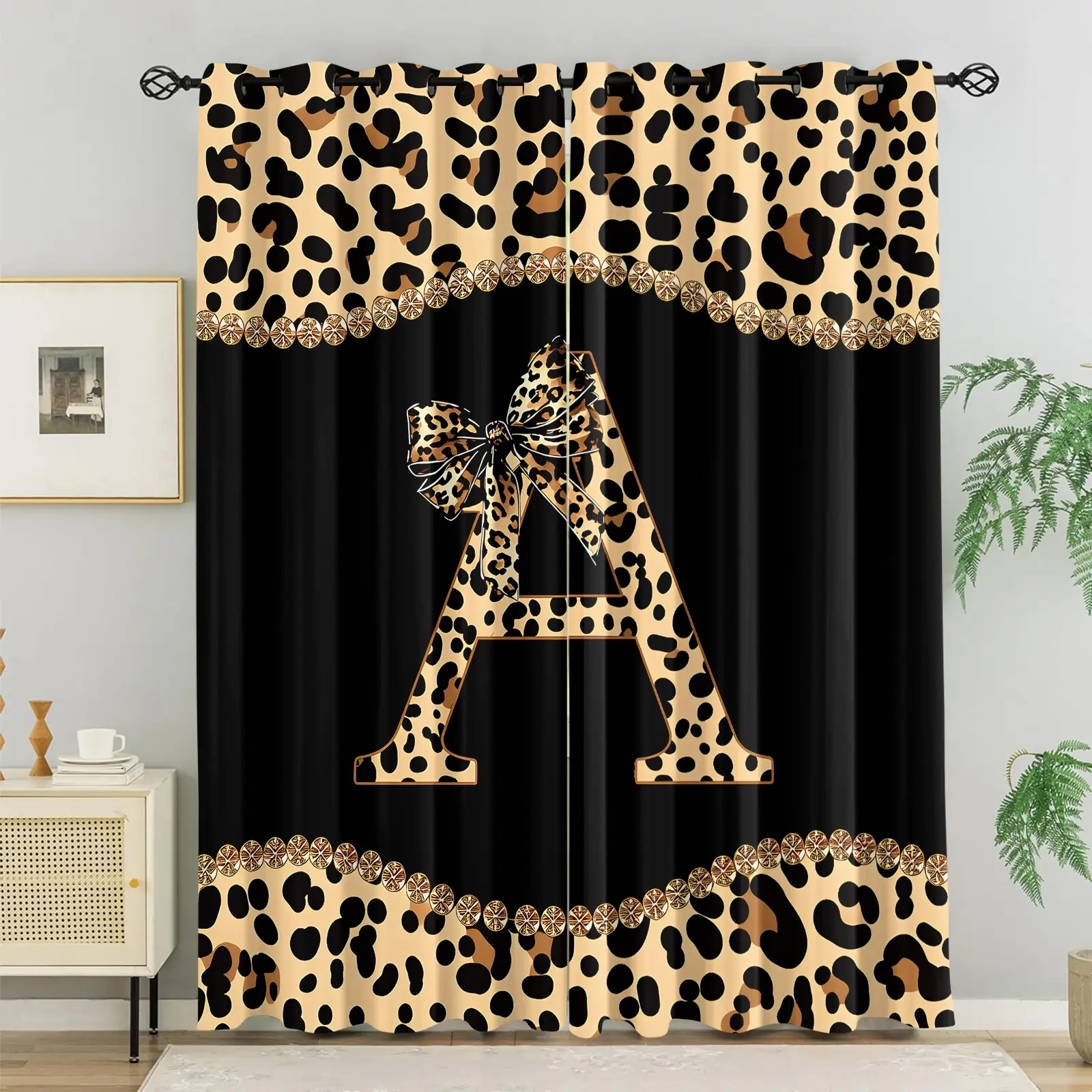Black Leopard Bow Alphabet Window Curtains 2 Panels, A E I L M O R S T Print With Rhinestone Trim, Lux Hot Girl Aesthetic, Grommet Easy Hang, Washable Anti-deform Fabric, Stylish Decor For Living Room & Bedroom