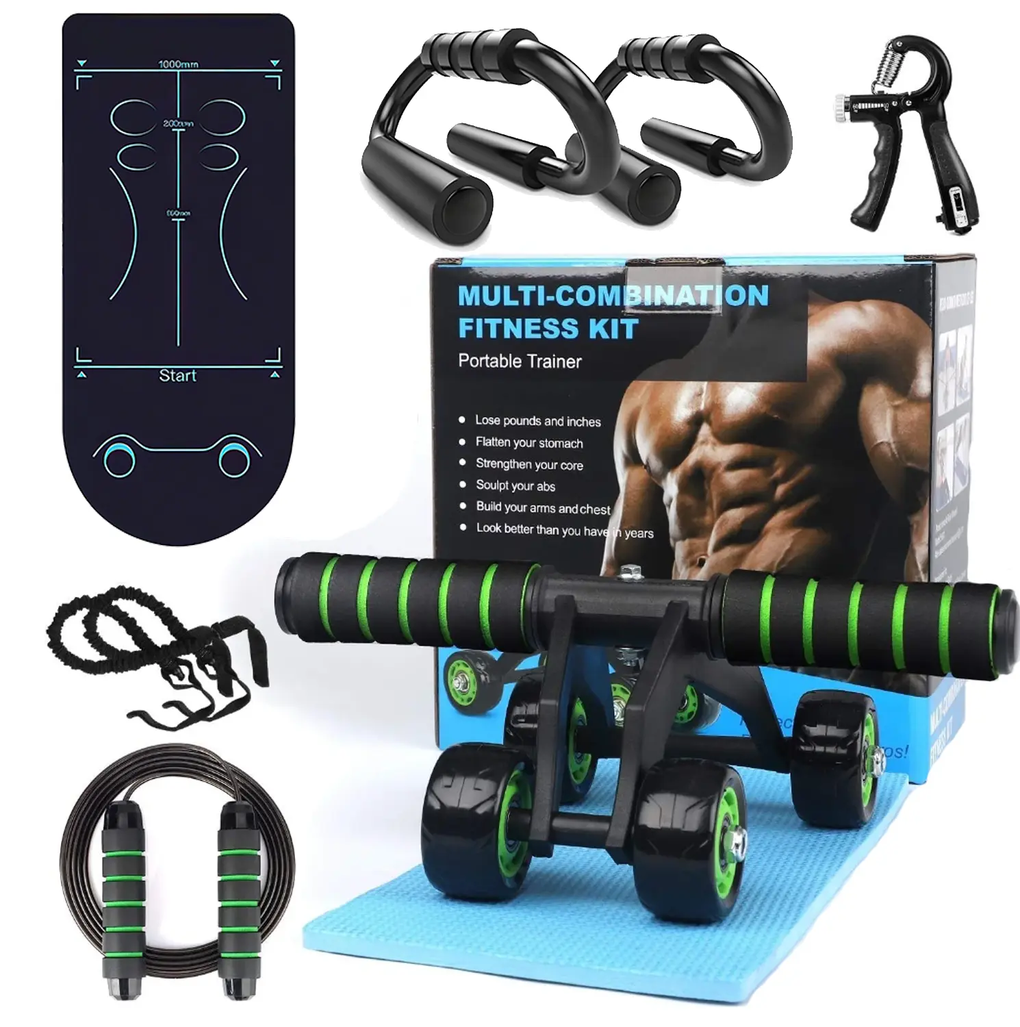 5-In-1 Abdominal Muscle Training Roller Kit with Knee Pads, Push-Up Bars, Handle Grips, Skipping Ropes for Home Gym Strength Training
