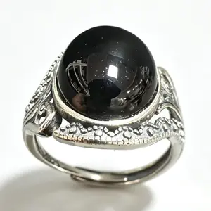Vintage Phoenix Filigree Black Onyx 925 Silver Adjustable Ring