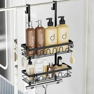 Over the Door Shower Caddy Hanging, 3-in-1 Rustproof Shower Organizer for Glass Door, No Drilling Shower Shelves with 4+3 Hooks, Wave Design, Stable, Adjustable Suit