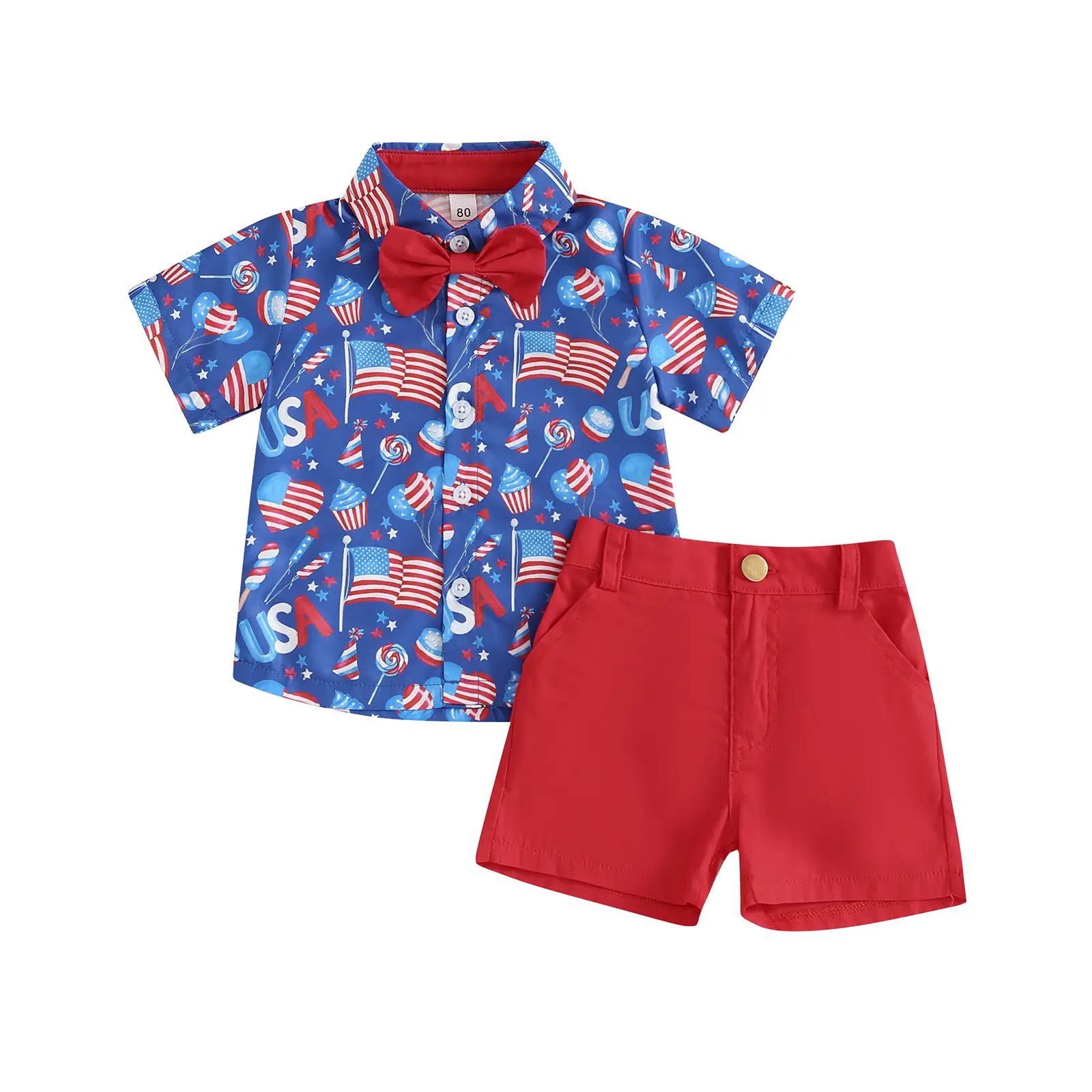 REDWOON 4th of July Toddler Boy Outfit Baby Boy Button Down Dress Shirt Bermuda Shorts Gentleman Summer Clothes 6M-4T