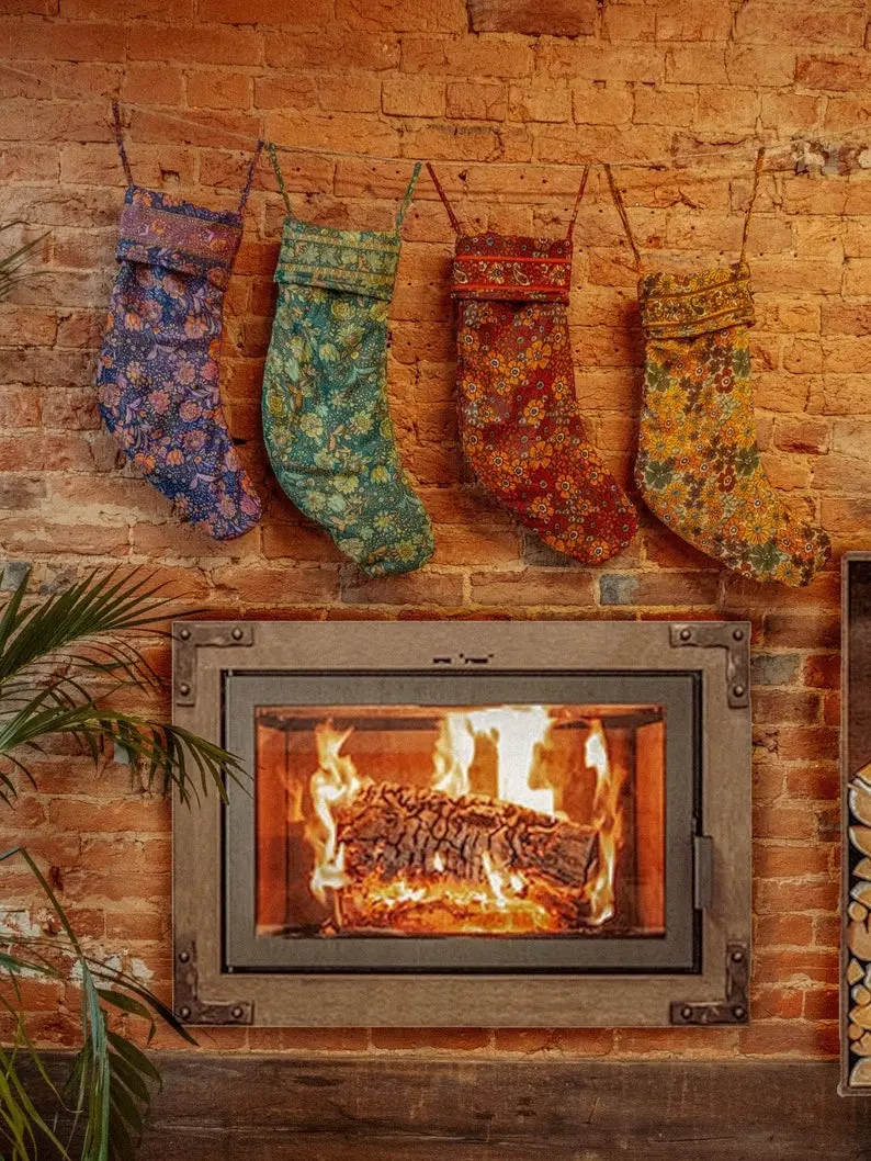 Handmade Bohemian Silk Christmas Stockings, Fireplace Mantel Decor, Hippie Christmas Decorations, Floral Stocking Christmas Gift Idea