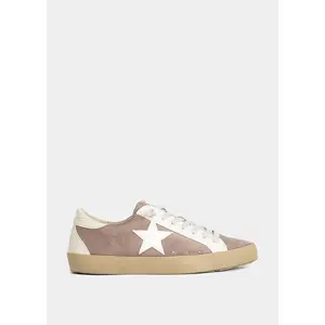 PAULA Mink Suede Sneaker with Contrast Star and Trim Faux Suede Finish Lace-Up Front Lightly Padded Footbed Flat Sole True to Size