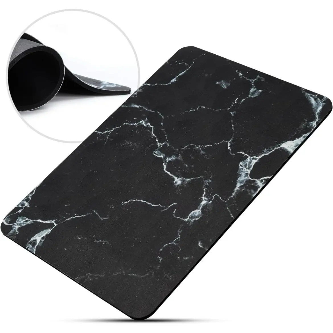 Stone Bath Mat: Diatomaceous Earth, Rubber, and Leather. 9% Diatomaceous Earth.