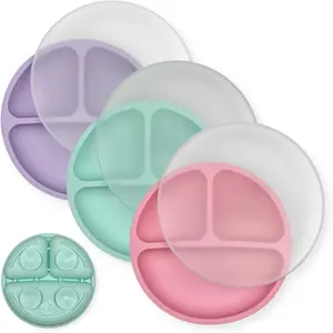 Toddler Plates with Suction - 100% Food-Grade Silicone Baby Plates with Lids - Microwave & Dishwasher Safe - BPA Free - Set of 3 (Pink/Mint/Lavender with LIDS)