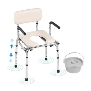VEVOR Heavy-Duty Bathroom Stool Commode Chair, 7-Level Adjustable Height, Padded Seat, Drop-Down Arms, 5.8L Removable Bucket, 350LBS Capacity, Easy to Assemble, Portable Toilet for Adults Seniors, Heavy-Duty Bathroom Stools