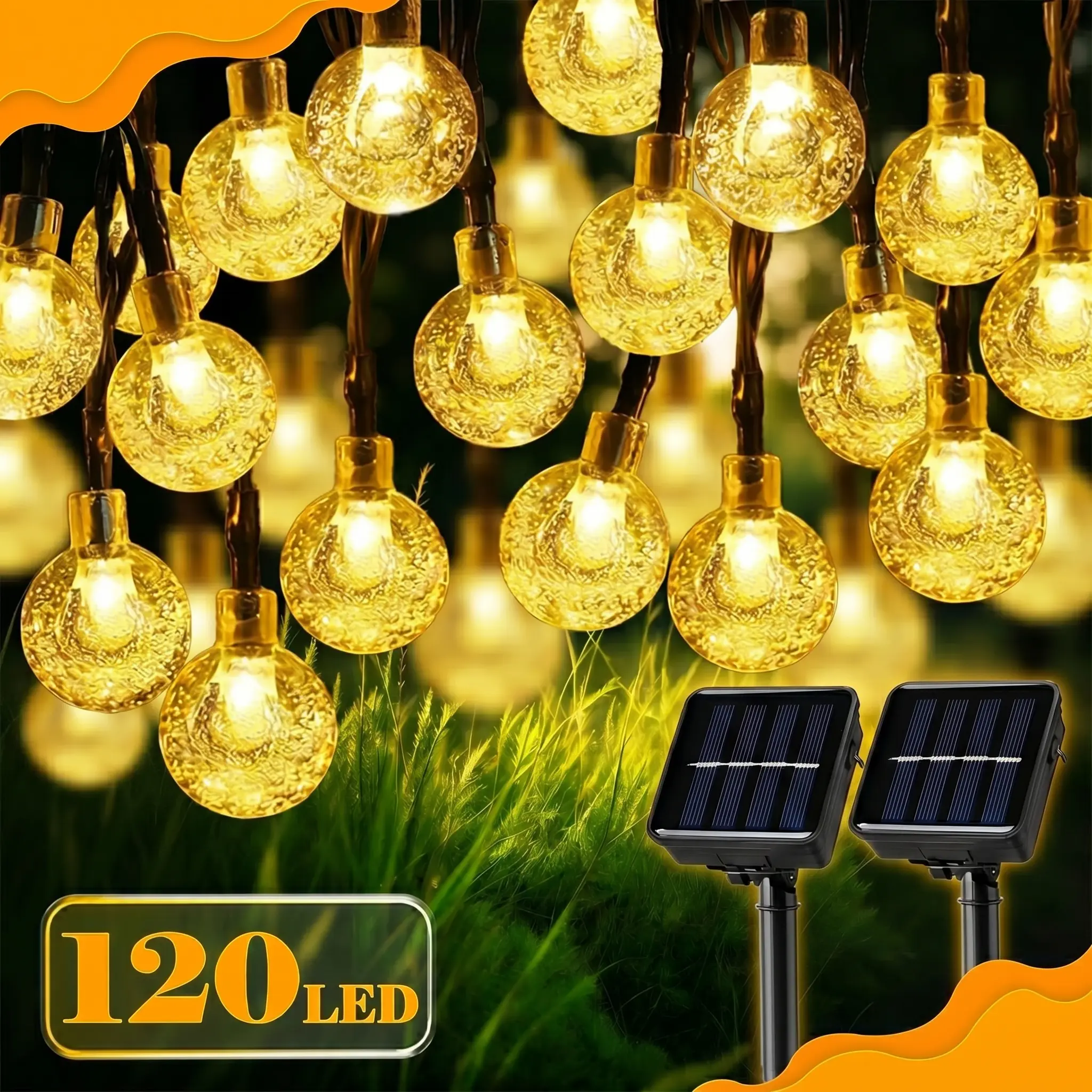 120 LED Bubble Bulb Solar String Lights - Switch-Controlled Plastic Modern Decorative Lamps, 8 Flashing Modes, Photovoltaic-Powered Mood Lighting, Portable Wireless Light Pods, Solar Landscape Lighting for Gardens, Holidays, Solar Landscape Lighting Decor