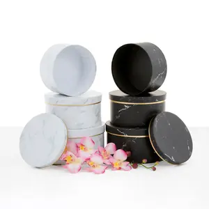 Set of 3, Round Flower/Gift Boxes - Black Marble/White Marble with Gold Rim | W670