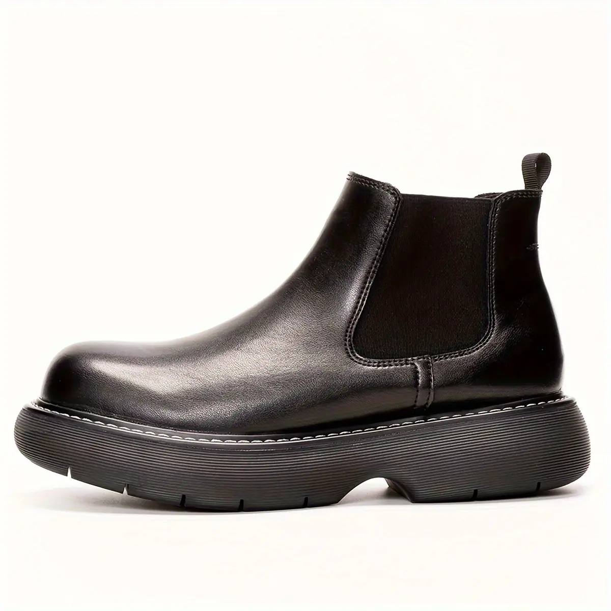 Men's Black PU Leather Round Toe Slip-On Gothic Punk Chelsea Boots, Thick Flatform Sole, Wear-Resistant Elastic Side, Casual Wear Short Ankle Booties