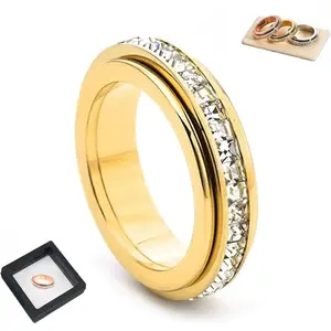 Titanium Steel Spinner Ring, Cubic Zirconia Eternity Band Fidget Ring for Women Men, Rotatable Anxiety Relief Ring with Sizes 5-10(Silver,9)