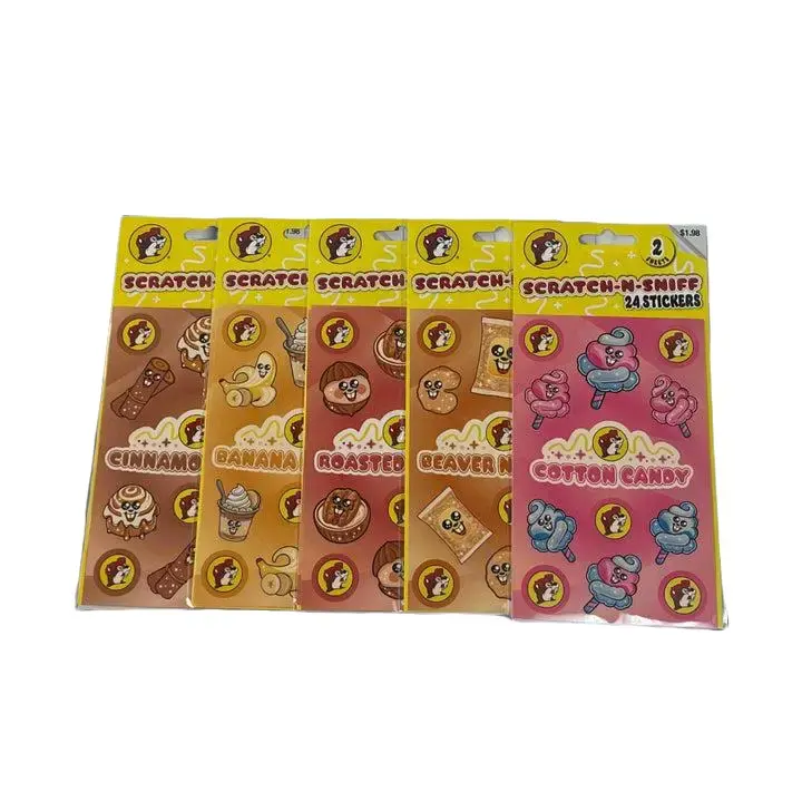 Buc-ee's Scratch-N-Sniff Sweet Cinnamon Roll Scented Collectible Stickers Pack - 24 Snack-Themed Characters, Includes Banana Pudding, Roasted Pecans, Beaver Nuggets, Cotton Candy, Ideal for Party Favors