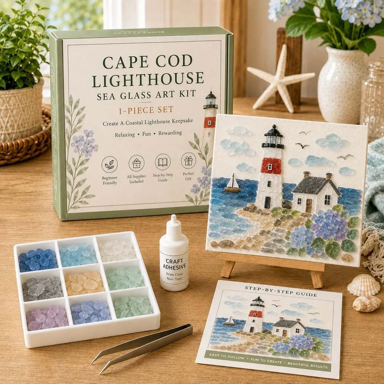 Christmas Sea Glass Art Kit, DIY Holiday Mosaic Craft Kit with Colorful Glass Pieces, Beautiful Christmas Inspired Artwork, Festival Home Decor & Creative Gift for Beginners (Santa)