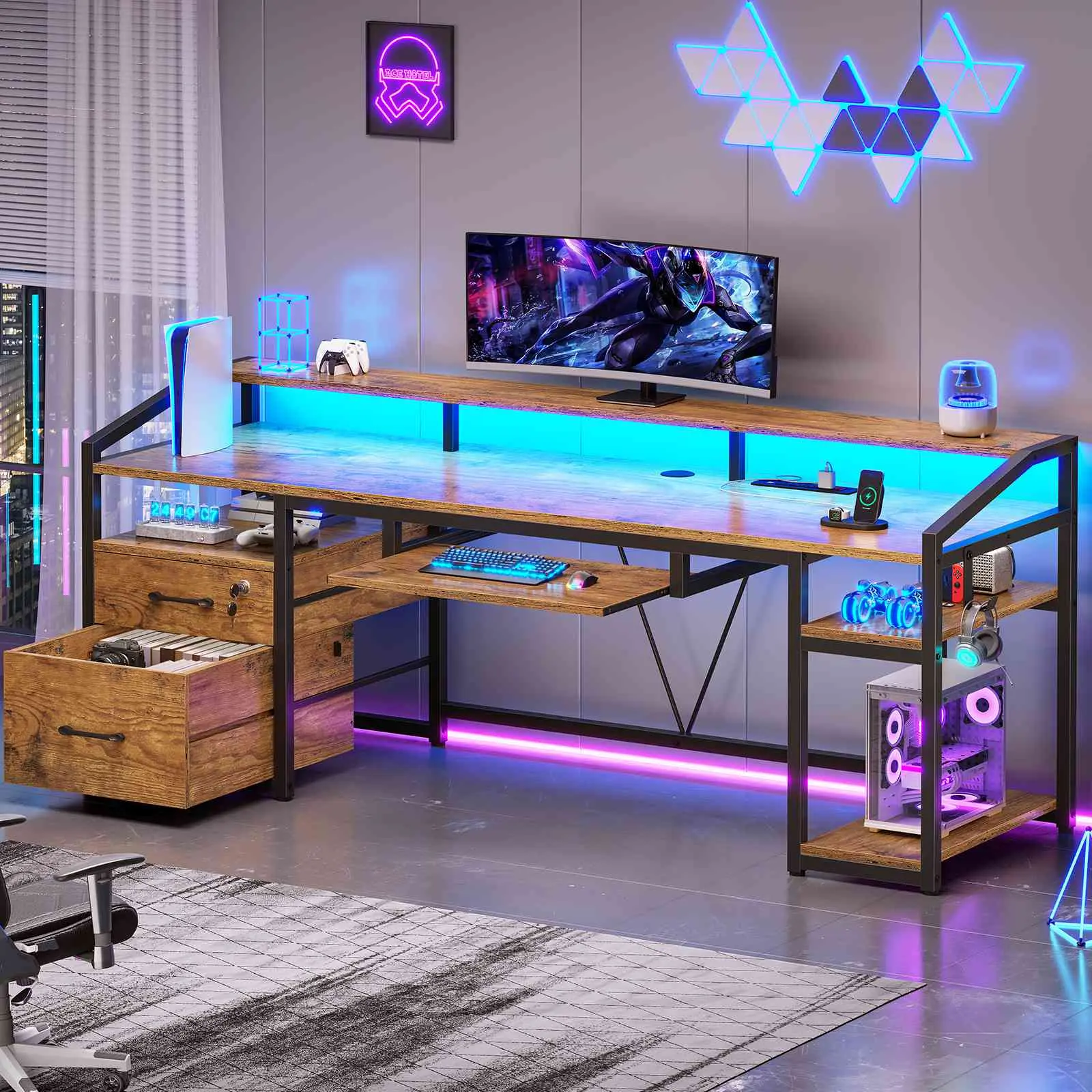 Sedeta 63-in Modern Rectangular Metal Wood Computer Desk - Commercial Office Furniture with Locking Legal/Letter File Drawer, LED Lights, Power Outlet, Durable Tabletop Workstation; Requires Assembly for Home Office Use