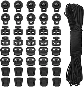 40Pcs Plastic Cord Locks 3 Types and 1/8 Inch 65ft Elastic Cord Spring Toggle Stopper End Cord Stopper Slider Cord Fastener for Drawstring Shoelaces Clothing Backpack Bags