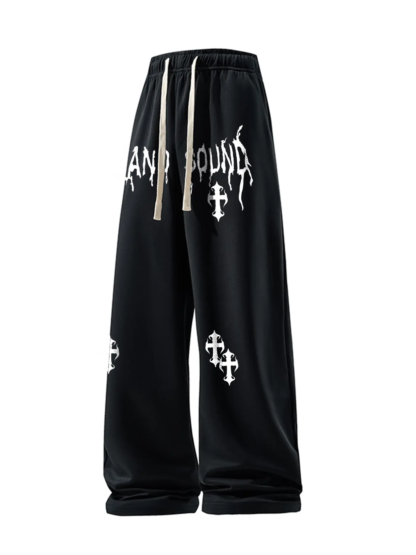#Springfresh Men's Letter & Cross Print Drawstring Waist Wide Leg Pants, Street Casual Comfy Elastic Waist Pocket Trousers for Daily Wear, Mens Bottoms for All Seasons Black Menswear Small Stylish pants men sweatpants men  FallFreshness