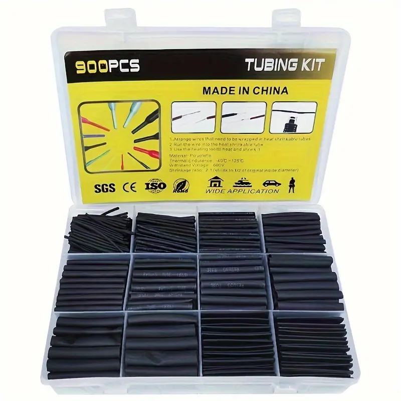 Pe Heat Shrink Tube Kit, Halogen-Free 2:1 Shrink Ratio, 12 Sizes Electrical & Automotive Cable Insulation Set, 900 Pieces