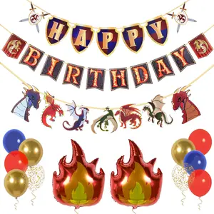 Dragon Birthday Banner & Decorations - Happy Birthday Banner with Flame Balloons, Confetti & Latex Balloons - Dragon Party Supplies, Medieval & Fantasy DND Party Decor for , Adults