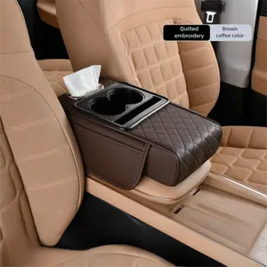 Leather Multi-Functional Car Armrest Organizer - Armrest-Fit Storage Box Container with Cup Holders for Storing Phones, Accessories During Road Trips