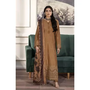 Mona's Winter Glow Dhanak Dress MWG2 Casual Outfit with Embroidery, Long Sleeves, and Matching Slit for Women