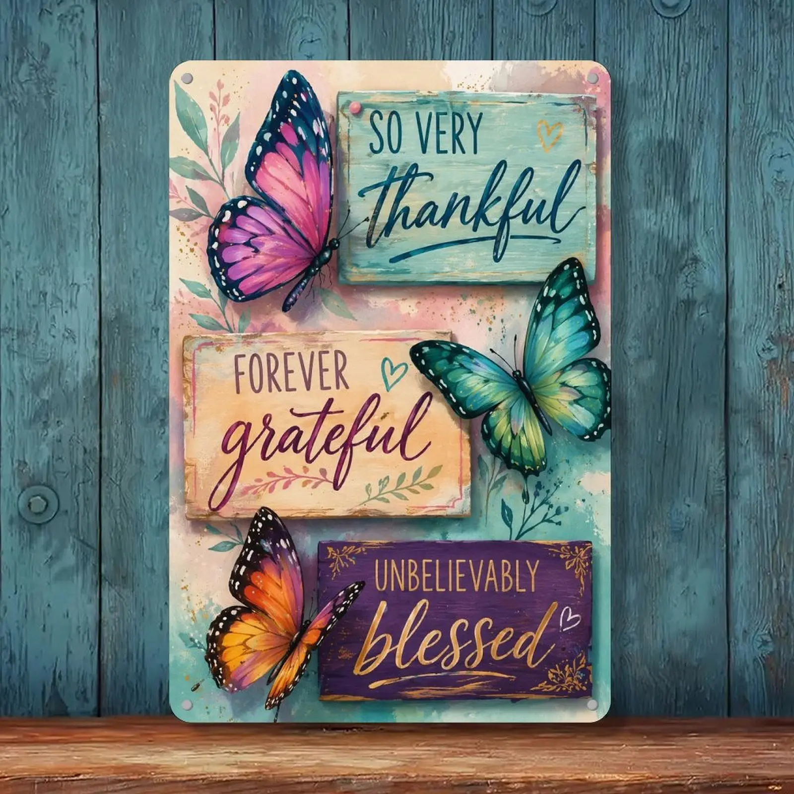 Vintage Metal Tin Sign Wall Decor - Thankful Grateful Blessed Butterfly Design, Retro Style Home Supplies for Birthday, Bar, Club Decor, Durable