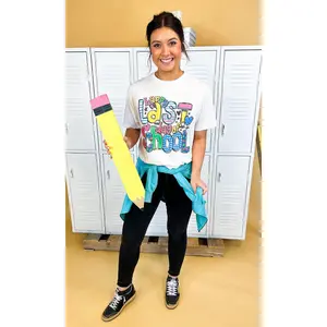 Tees2urdoor Women's Fitted Cotton Seamless Short-Sleeve Round Neck T-Shirt - Trendy Paper Graphic Happy Last Day of School Top, Versatile for Bottom Pairing, Streetwear