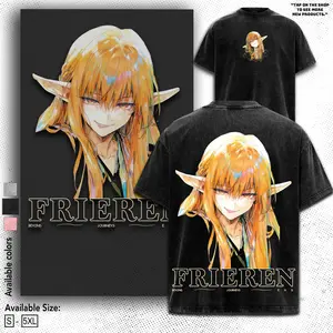 Frieren Serie Beyond Journey's End line art Manga Anime Double Printed Acid Washed Top men's Menswear graphic tee merch unisex Cotton Fabric