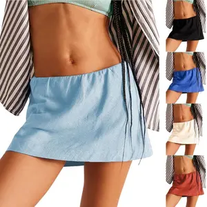 Women’s cotton–linen double-sided short skirt, casual and cute A-line mini skirt with a pleated inner waistband